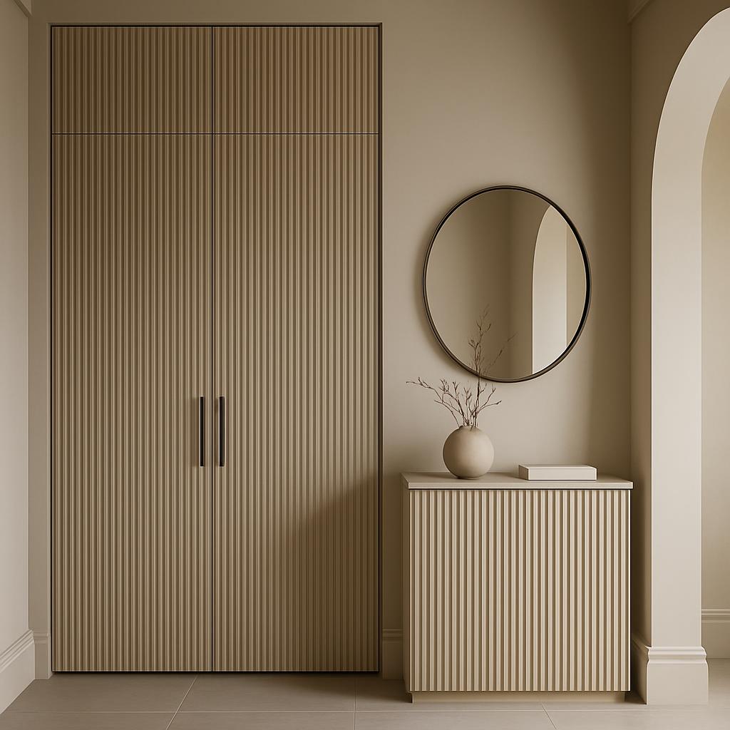 A beige wall with light brown reeded closed doors, matching console table and mirror, beige floor tiles and an arched wall...