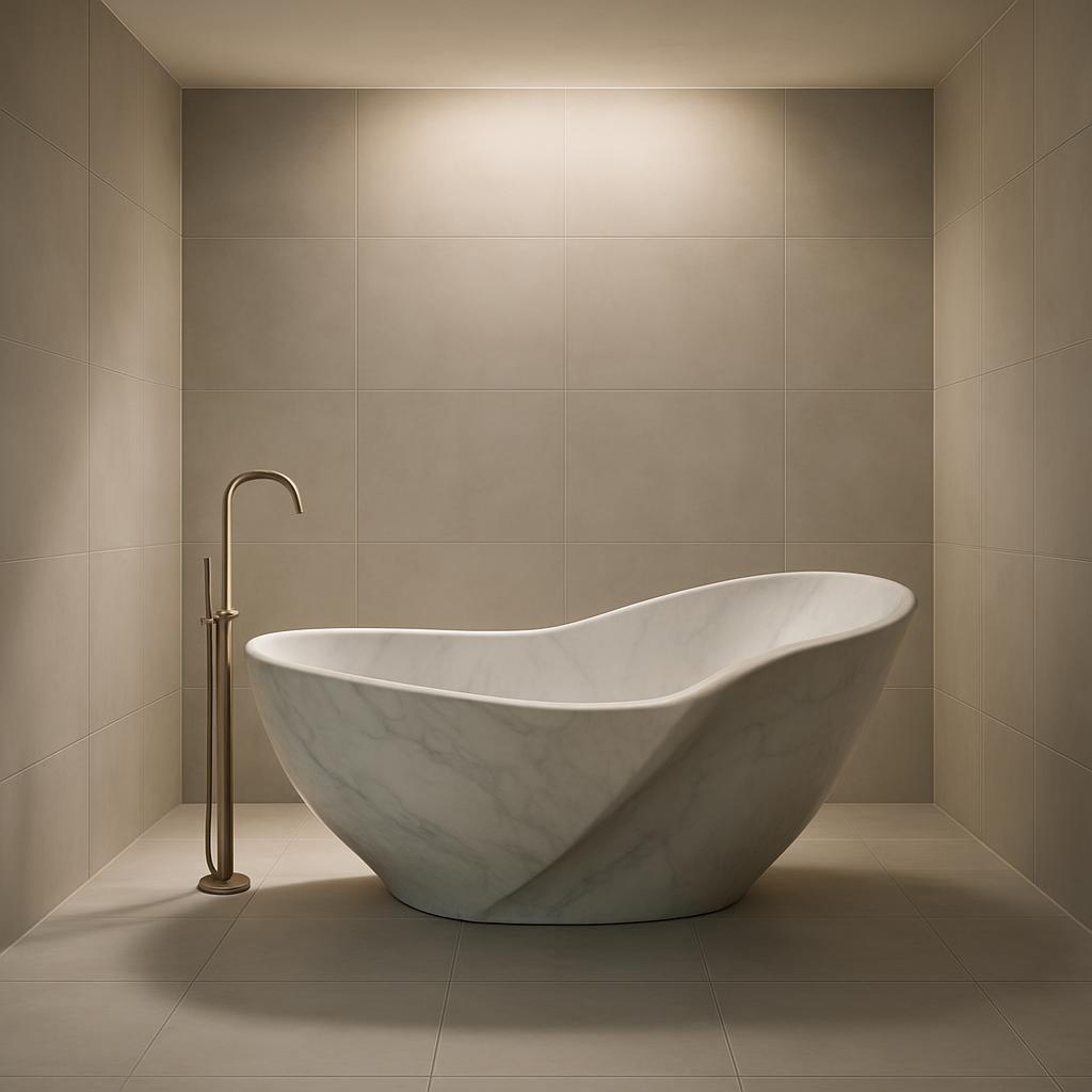 A modern bathroom with a sleek white marble bathtub, accompanied by a slim metallic faucet, set against a spacious beige t...