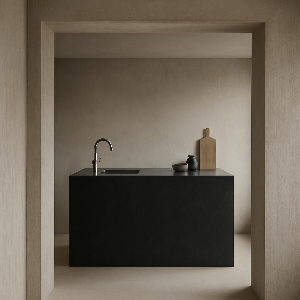 A minimalist kitchen featuring a sleek black table with a sink built in, situated in an arched opening, with a wooden cutt...