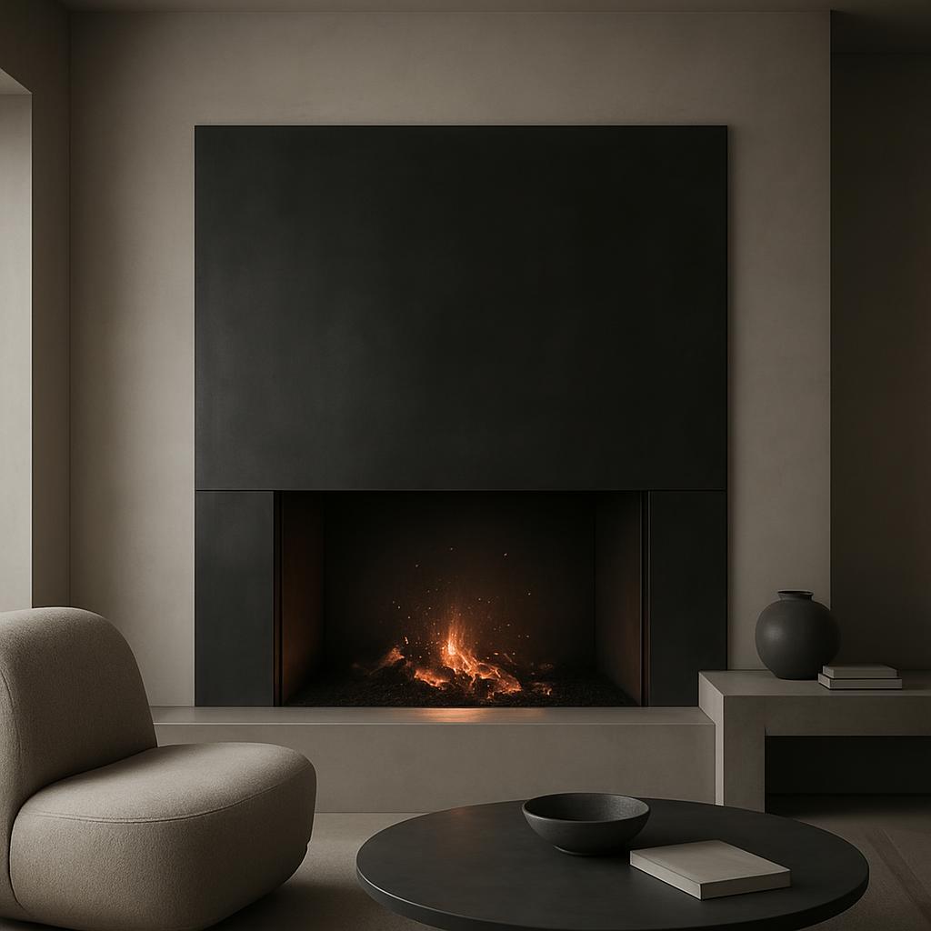 A living room with a fireplace, feature wall with rectangular black panels, round black table with accessories, a round, s...