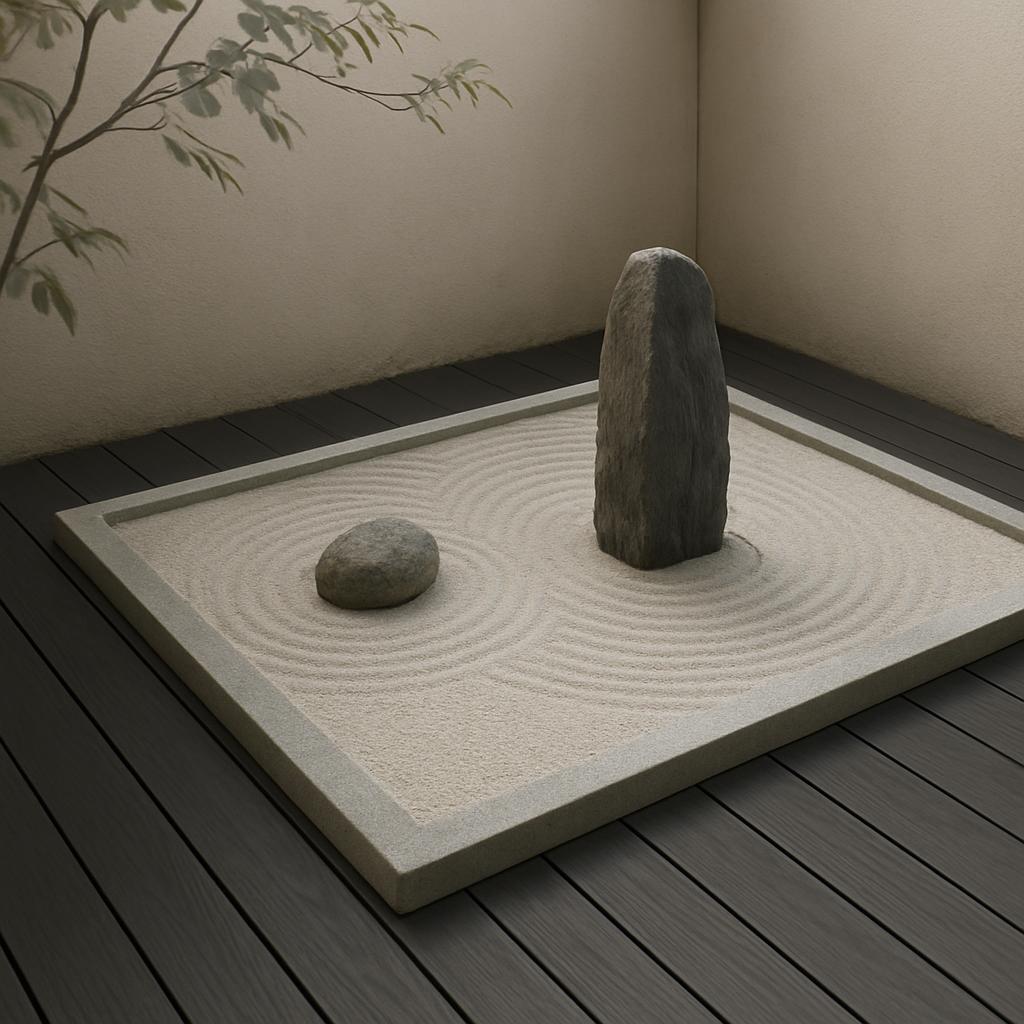 A zen garden featuring a large stone in the centre, surrounded by ripples in the sand. Set on hardwood flooring against a ...