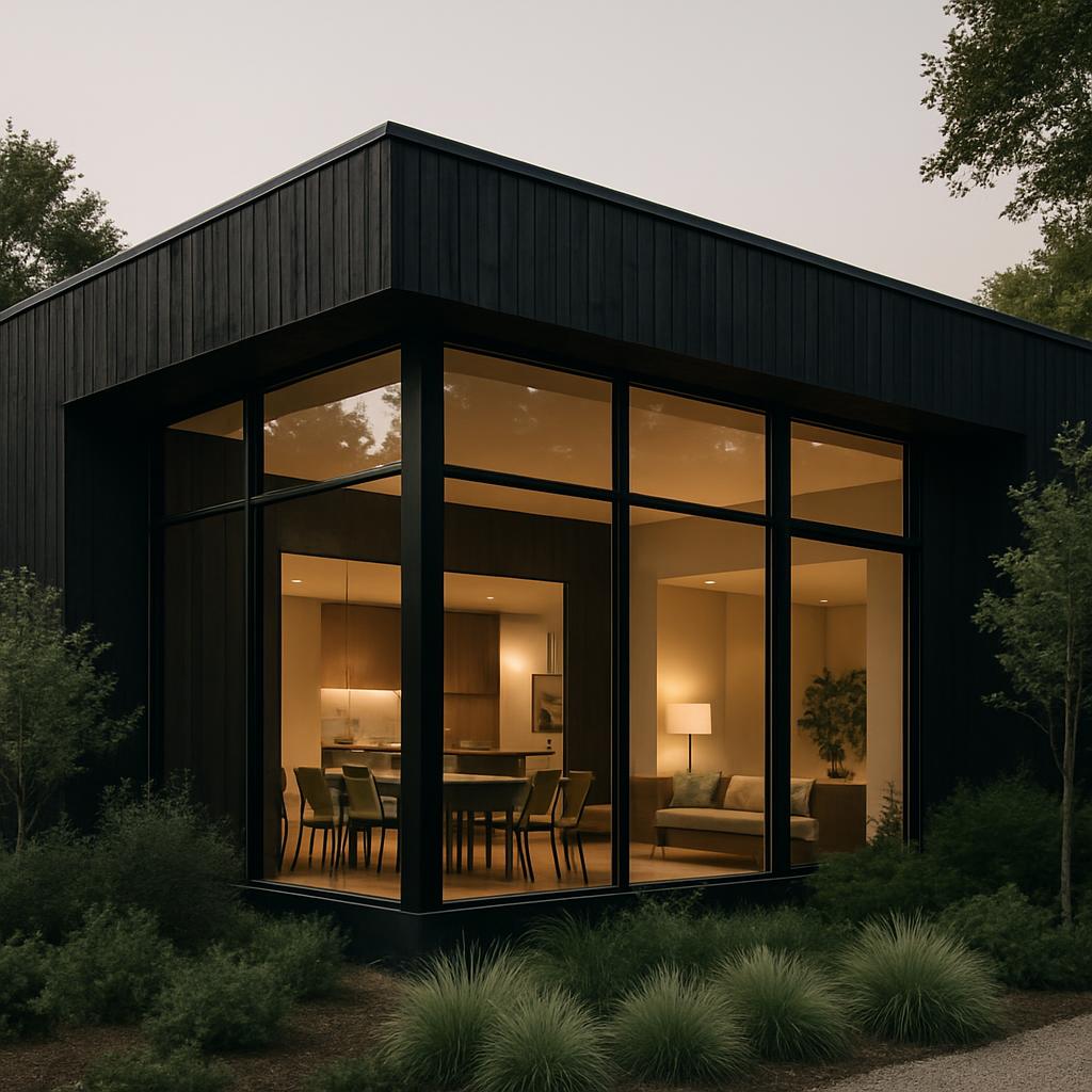 A modern black house with large glass windows and a minimalist dining room, surrounded by trees. The home's sleek design s...