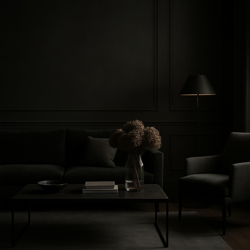 Modern living room with dark furniture and natural lighting, featuring a bouquet of flowers.