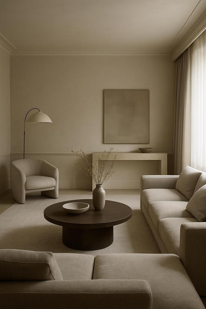 A modern living room with neutral tones. The walls are white and beige, with a large window on the right side.
