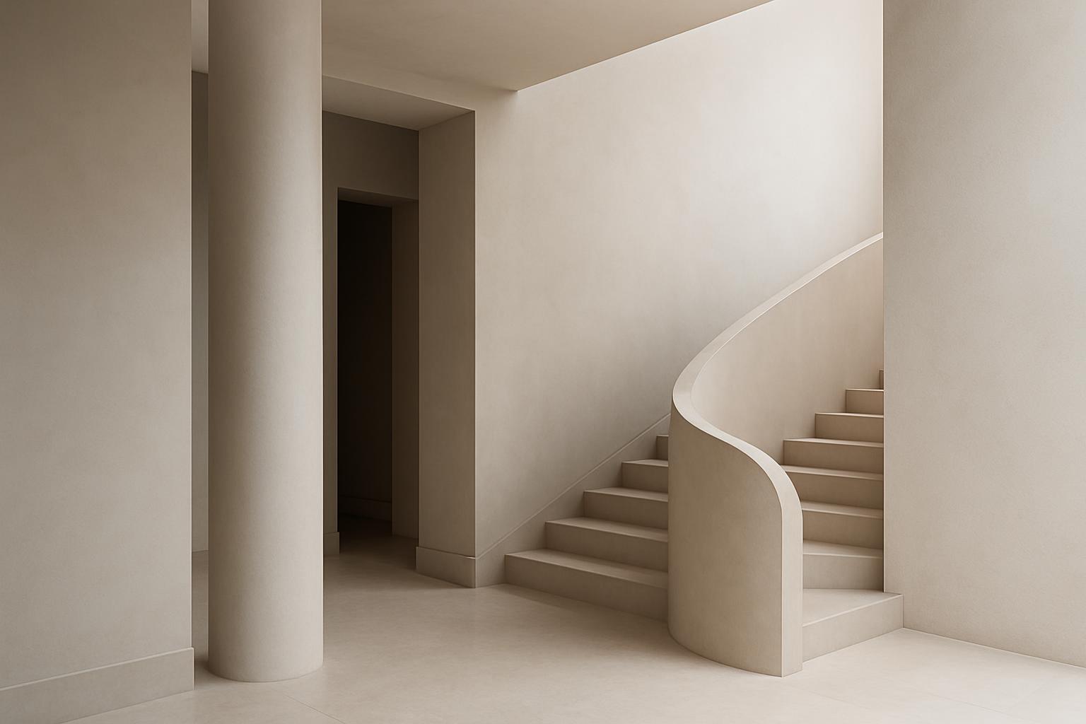 A futuristic minimalist modern interior design with a curving white staircase surrounded by white walls and columns.