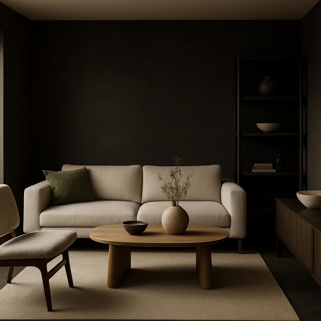 A Modern Living Room with a Neutral Color Palette, Featuring a Sofa, Coffee Table, and Shelving Unit. "Living Room Design:...