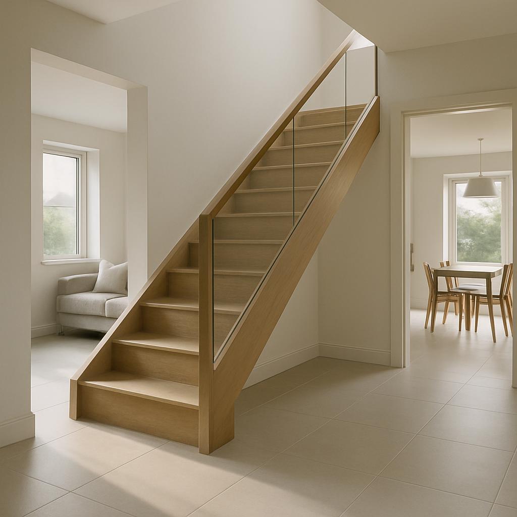 A bright, clean room with a wooden staircase in the stairwell. Windows on each side offer views to the outdoors. Light fur...