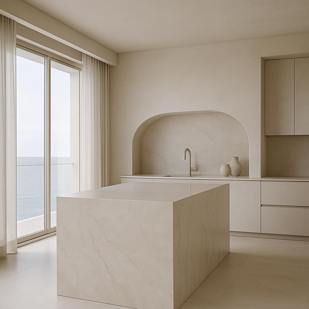 a minimalist kitchen with white marble island and wall, featuring a sink and cabinets, with a large window overlooking the...